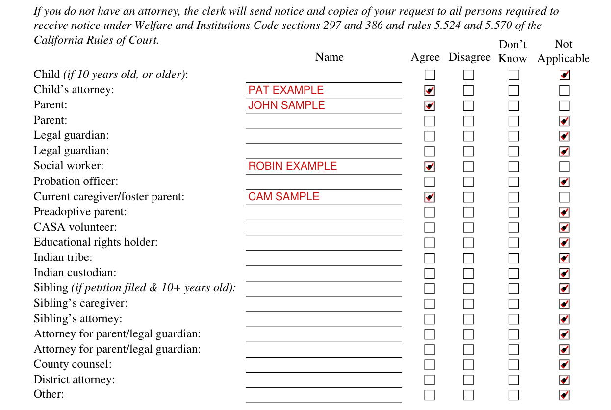 Form JV-180 example filled out, people who get a copy of your request