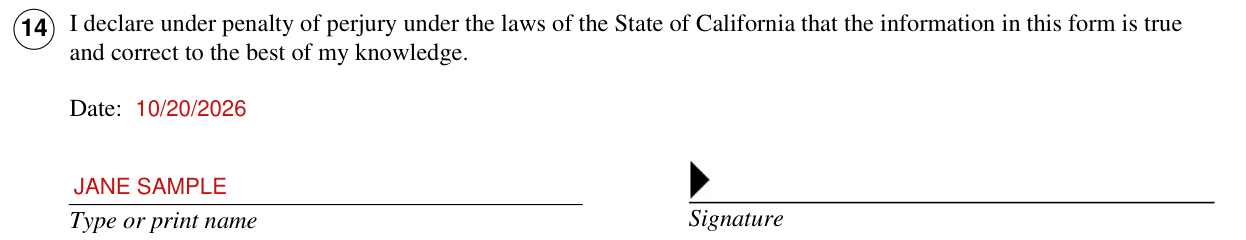 Form JV-180 example filled out, signing under penalty of perjury