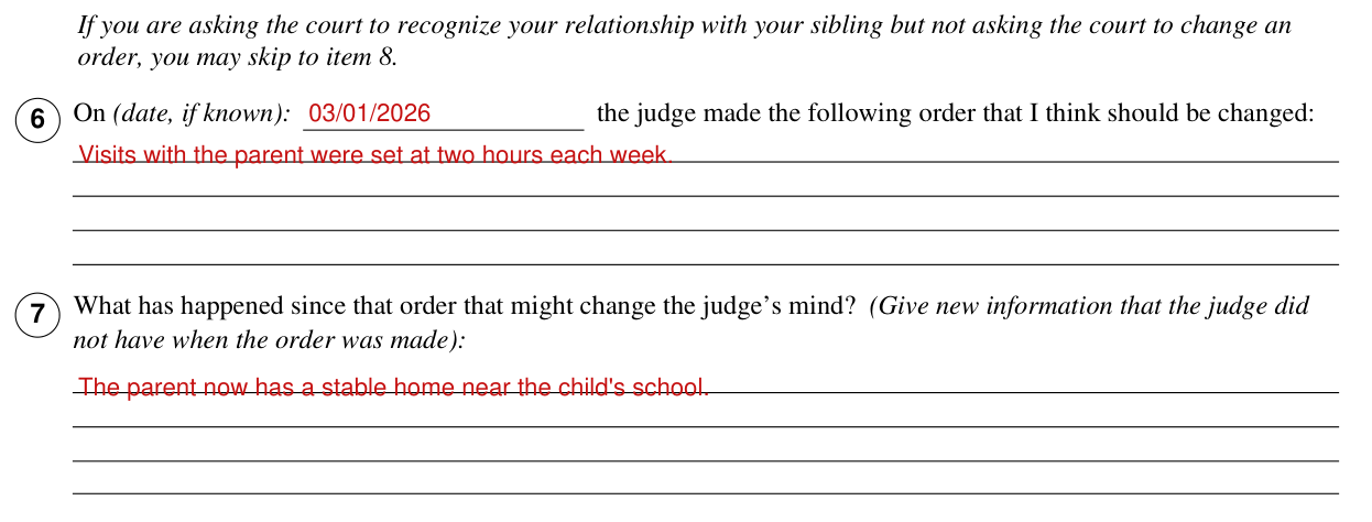 Form JV-180 example filled out, the order to change and what has happened since