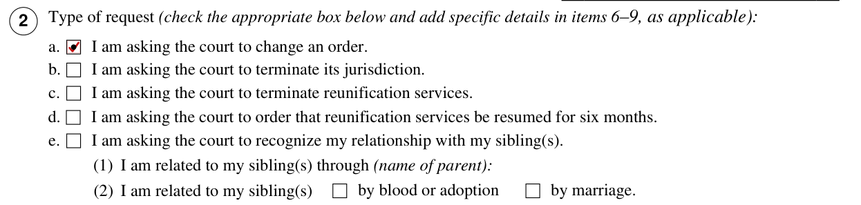 Form JV-180 example filled out, type of request