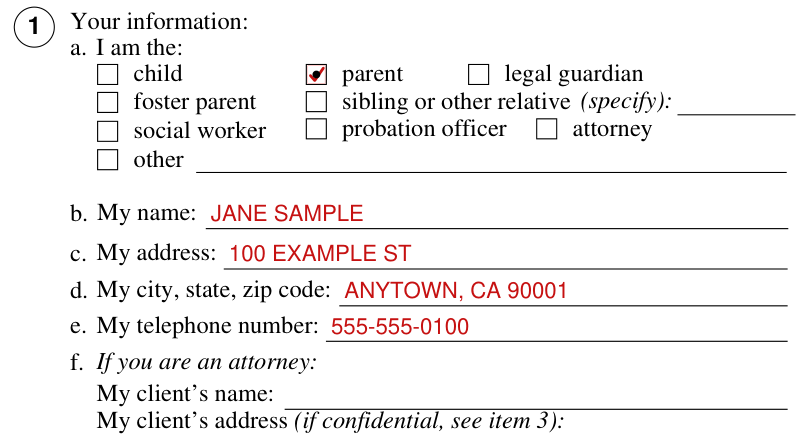 Form JV-180 example filled out, your information