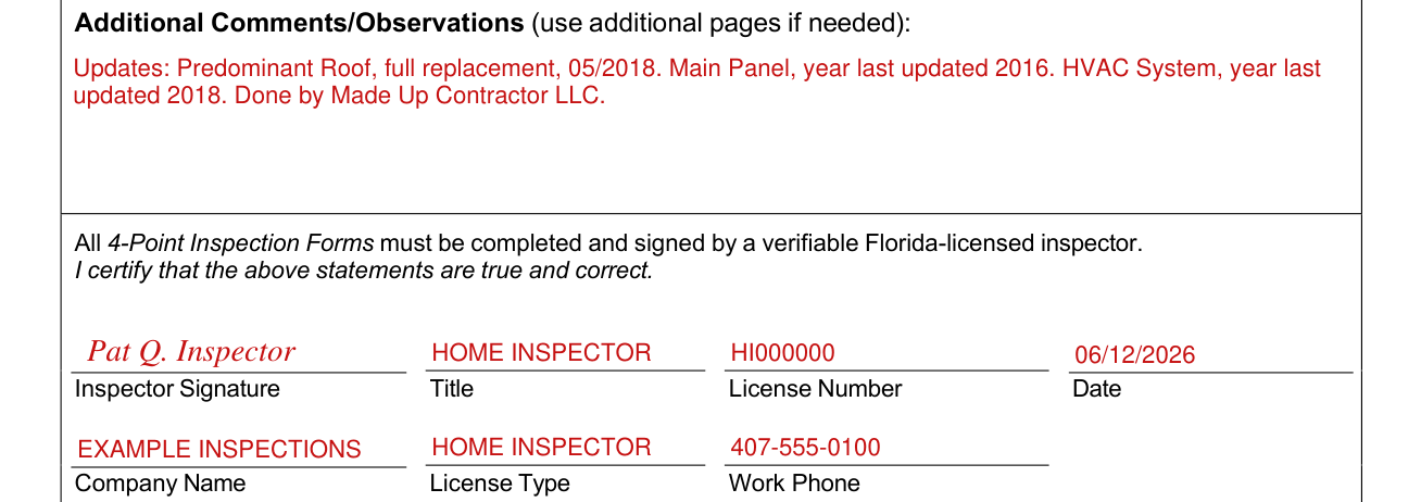 4-Point Inspection Form example filled out, additional Comments or Observations and the inspector's certification