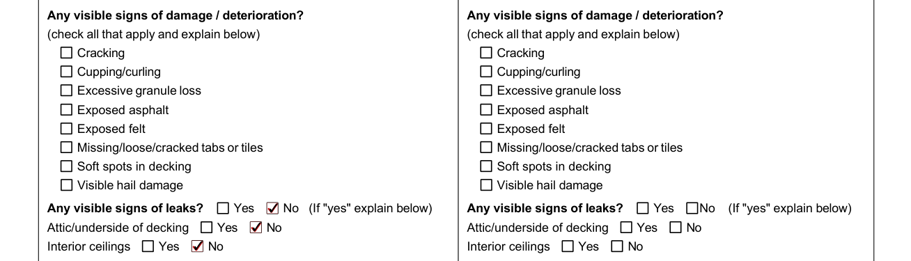 4-Point Inspection Form example filled out, any visible signs of damage, deterioration and leaks