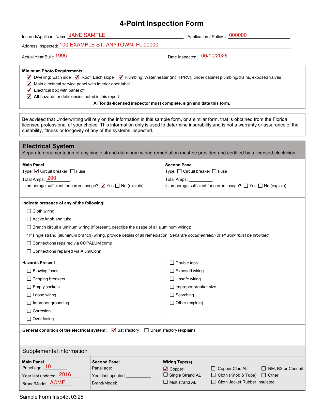 4-Point Inspection Form example filled out, example: an inspector completes the form for one house