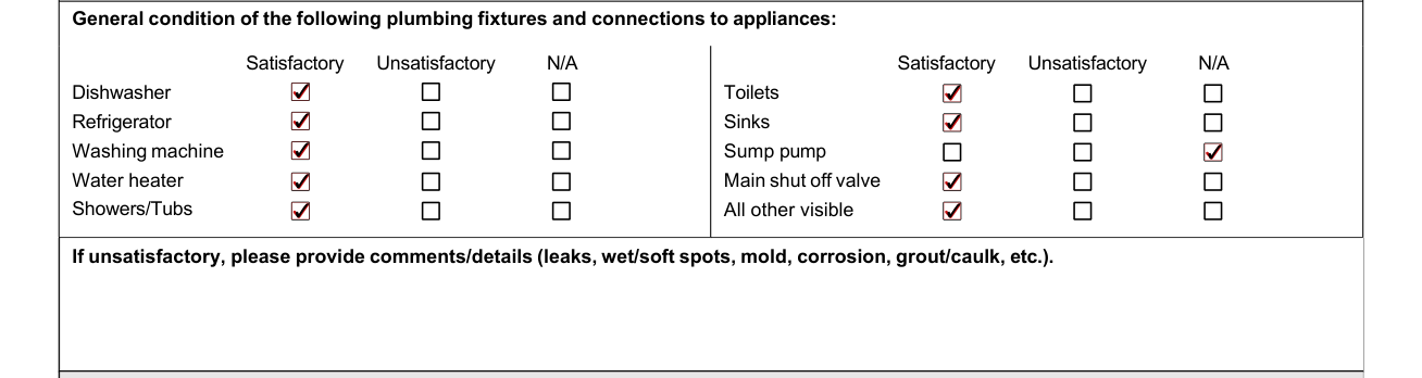 4-Point Inspection Form example filled out, general condition of the following plumbing fixtures and connections to appliances