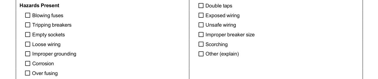 4-Point Inspection Form example filled out, hazards Present, Double taps to Over fusing