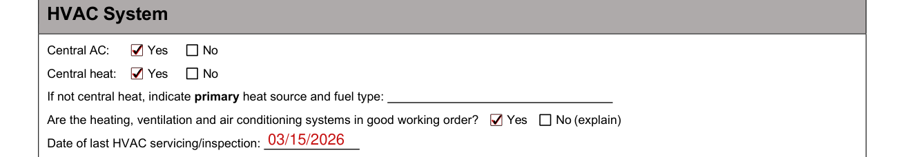 4-Point Inspection Form example filled out, hVAC System: Central AC, Central heat and good working order
