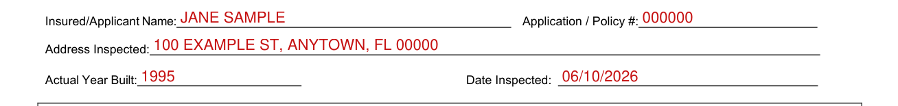 4-Point Inspection Form example filled out, insured/Applicant Name, Address Inspected, Actual Year Built and Date Inspected
