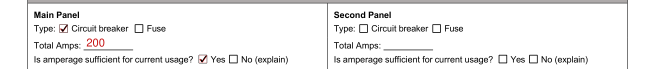 4-Point Inspection Form example filled out, main Panel and Second Panel: Type, Total Amps and amperage