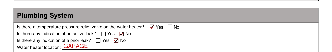 4-Point Inspection Form example filled out, plumbing System: relief valve, leaks and water heater location