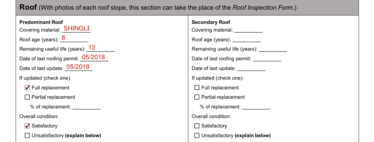 4-Point Inspection Form example filled out, roof: Predominant Roof and Secondary Roof