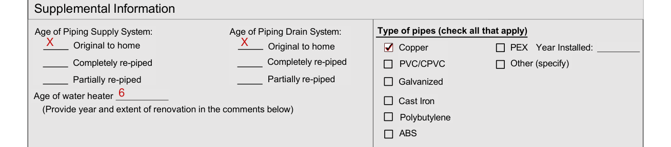 4-Point Inspection Form example filled out, supplemental Information: Age of Piping Supply System, Age of Piping Drain System and Type of pipes