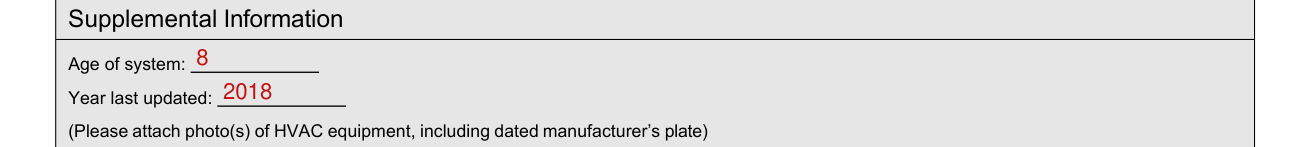4-Point Inspection Form example filled out, supplemental Information, Age of system and Year last updated