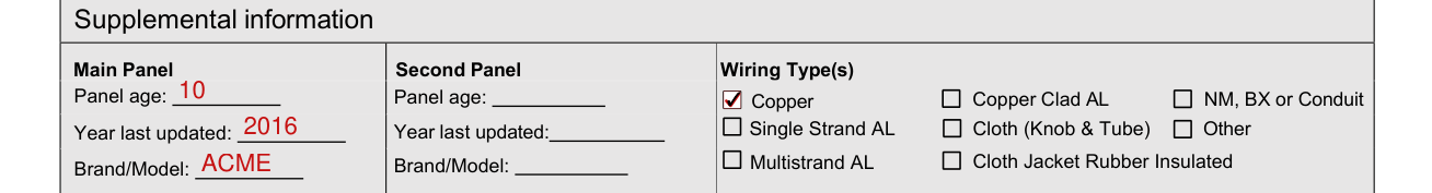 4-Point Inspection Form example filled out, supplemental information: Panel age, Year last updated, Brand/Model and Wiring Type(s)