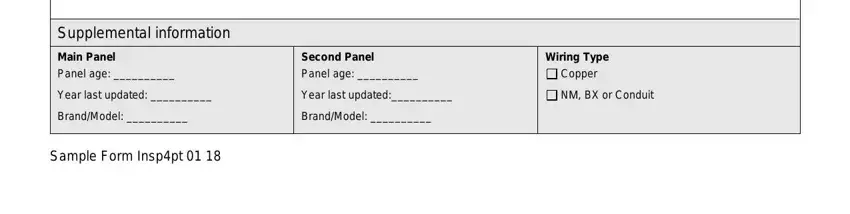 4 point inspection Supplemental information, Main Panel Panel age, Second Panel Panel age, Wiring Type Copper, Year last updated, Year last updated, NM BX or Conduit, BrandModel, BrandModel, and Sample Form Insppt fields to insert