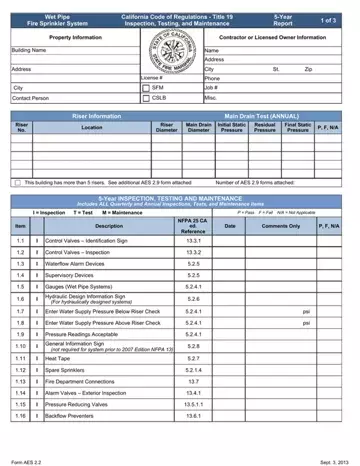 5 Year Fire Sprinkler Inspection Form Preview
