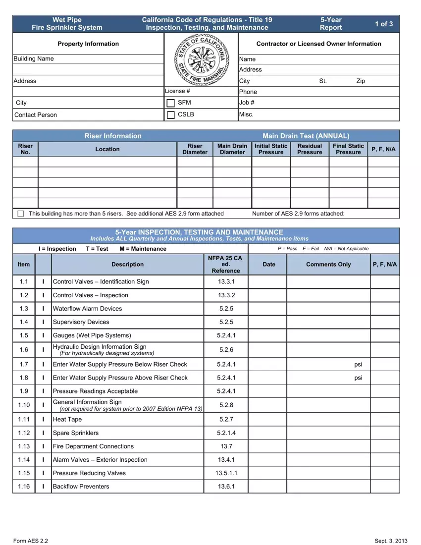 5 Year Fire Sprinkler Inspection Form first page preview
