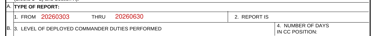 DAF Form 77 example filled out, a. Type of report and B. 1. From, thru and 2. Report is