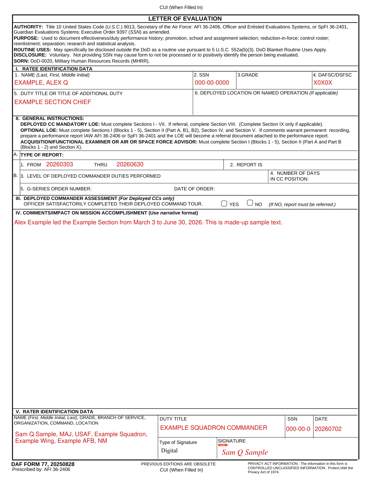 DAF Form 77 example filled out, example: a rater fills out an optional LOE