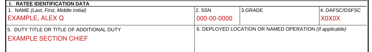 DAF Form 77 example filled out, i. Ratee identification data