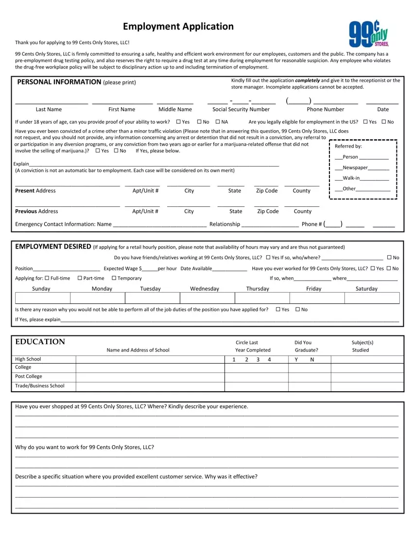 retail employment application template