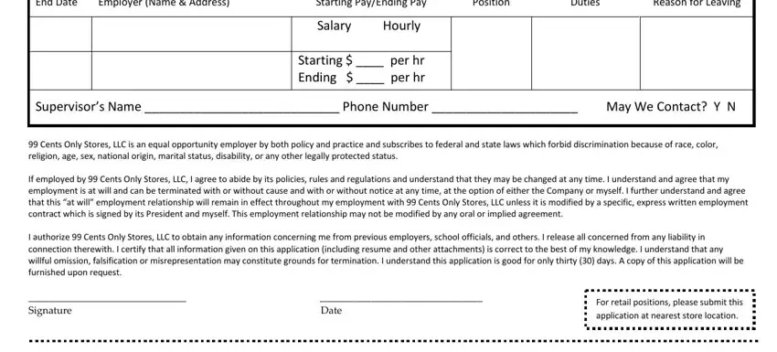 99 cent store job application PREVIOUSEMPLOYMENTStartDateEndDate, EmployerNameAddress, Position, Duties, ReasonforLeaving, and SignatureDate blanks to complete