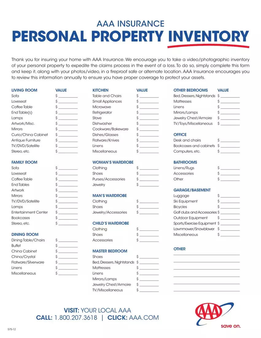 Aaa Property Loss Worksheet first page preview