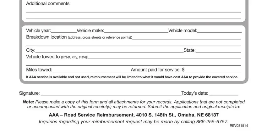 Signature: Note: Please make a, Today’s date:, or accompanied with the original, AAA – Road Service Reimbursement, Inquiries regarding your, and REV081514 in aaa tow reimbursement