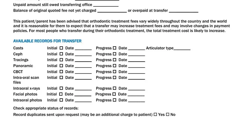 american association of orthodontists transfer form Third party payment  Total charges, This patientparent has been, AVAILABLE RECORDS FOR TRANSFER, Initial cid Date  Progress cid, and Check appropriate status of fields to fill out