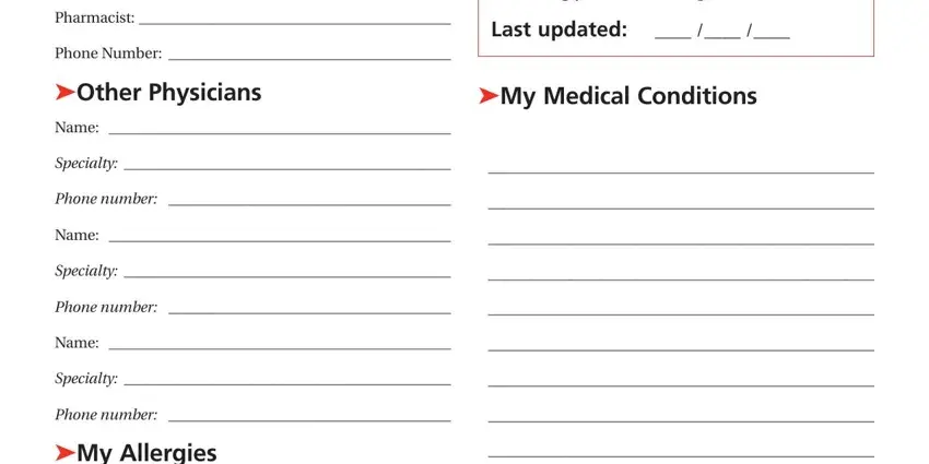 aarp my personal medication record Visiting your doctor or pharmacist, Pharmacist, Phone Number  Other Physicians, Name, Last updated, My Medical Conditions, Specialty, Phone number, Name, Specialty, Phone number, Name, Specialty, and Phone number  My Allergies blanks to fill out