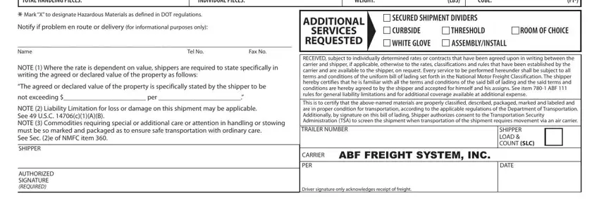 Entering details in abf freight bill of lading stage 3