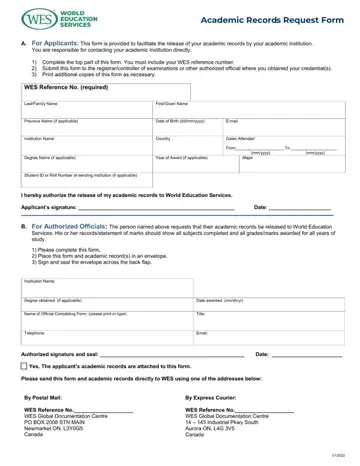 WES Academic Records Request Form Preview