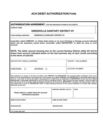 Ach Debit Authorization Form Preview