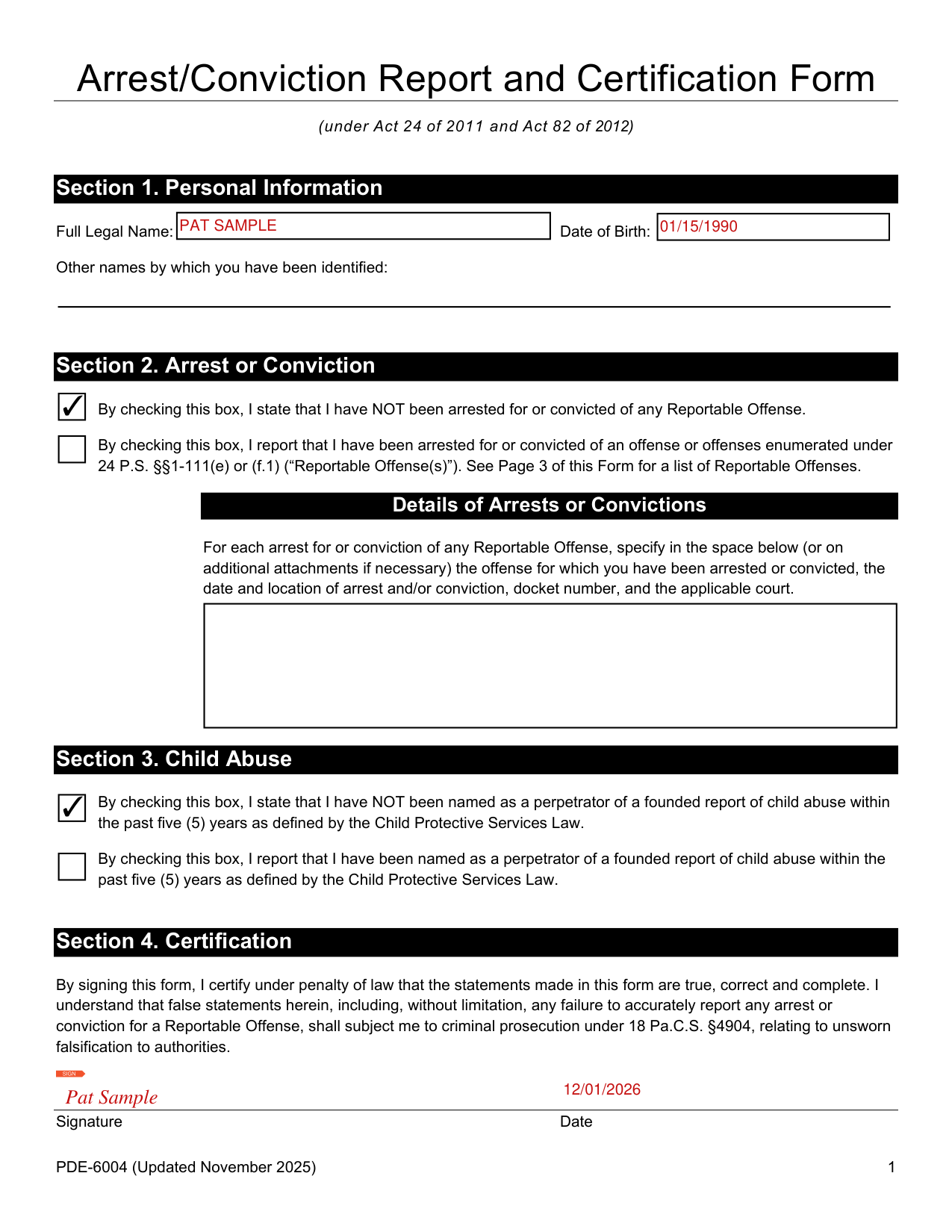 PDE-6004 example filled out, example: a prospective employee reports no arrest