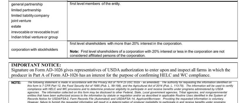 form ad 1026 THEN affiliated persons with, general partnership, limited partnership, limited liability company joint, estate, irrevocable or revocable trust, corporation with stockholders, first level members of the entity, first level shareholders with more, Note First level shareholders of a, IMPORTANT NOTICE Signature on Form, NOTE, and The following statement is made in blanks to insert