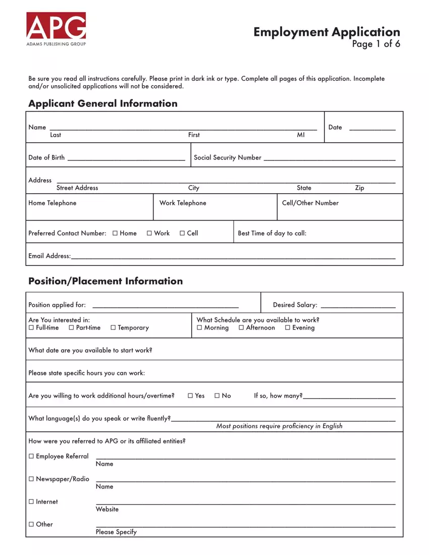 Adams Application Employment first page preview