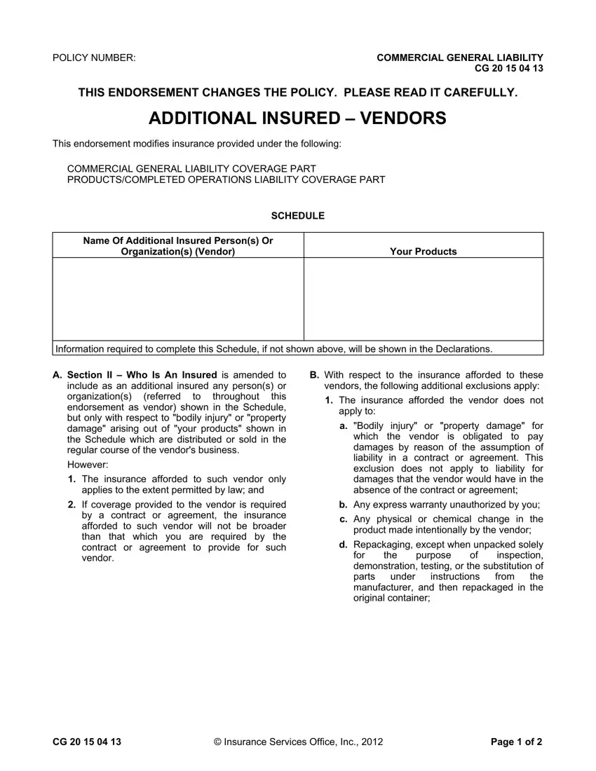 Additional Insured Vendors first page preview