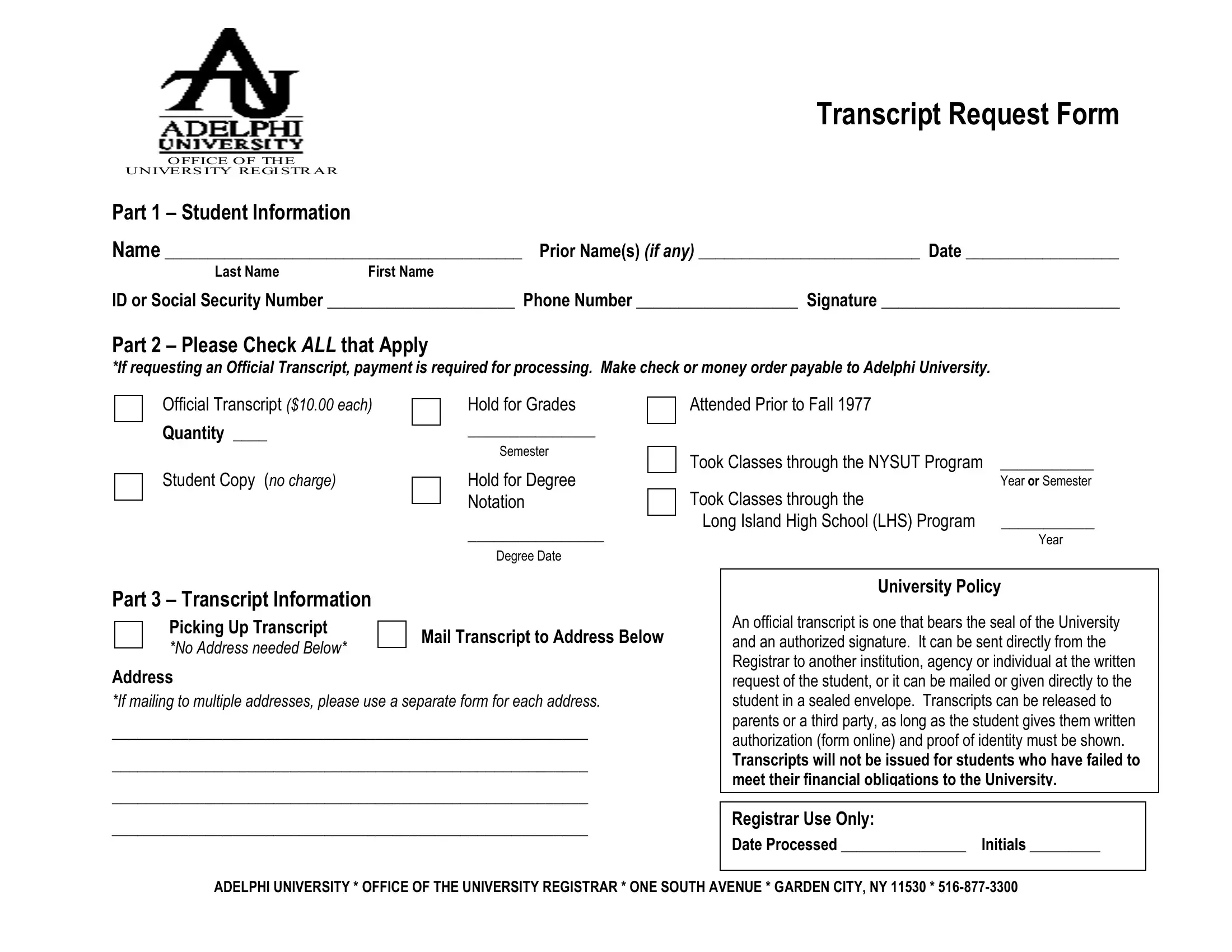 Adelphi Transcript Request Form Preview