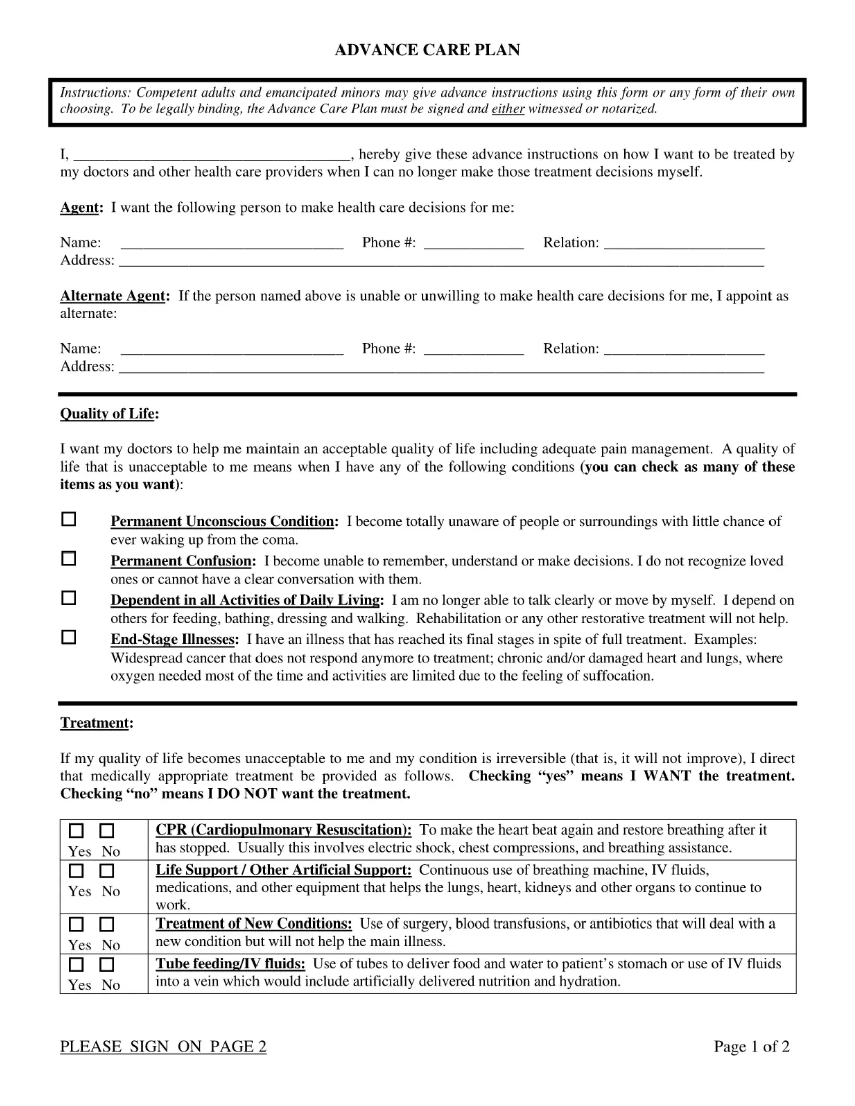 Advance Care Plan Form Fill Out Printable PDF Forms Online