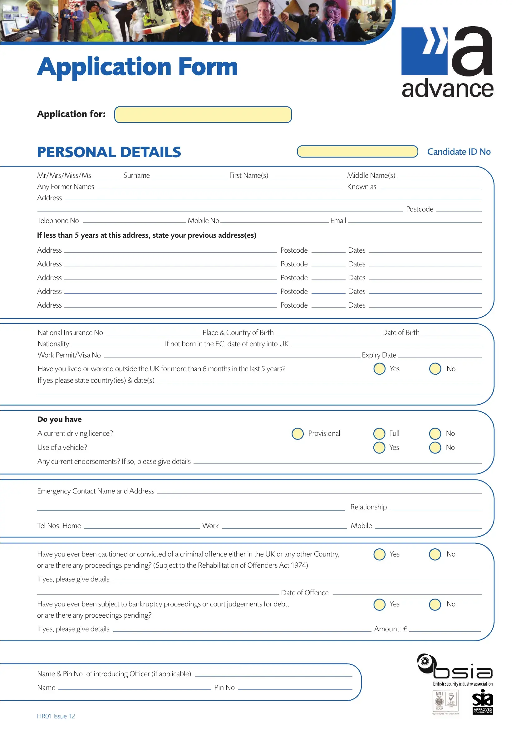 Advance Security Application Form Preview