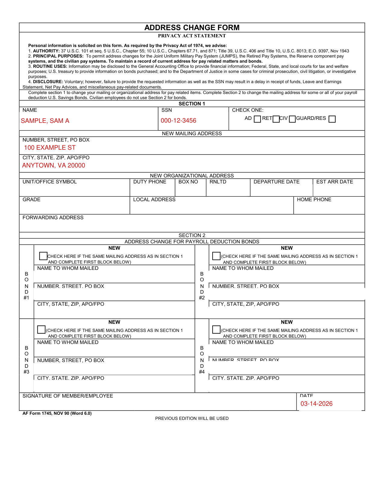 AF Form 1745 example filled out, example: an airman changes a mailing address
