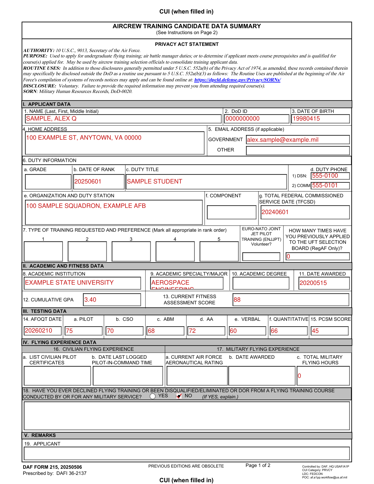 DAF Form 215 example filled out, example: an officer applies for pilot training
