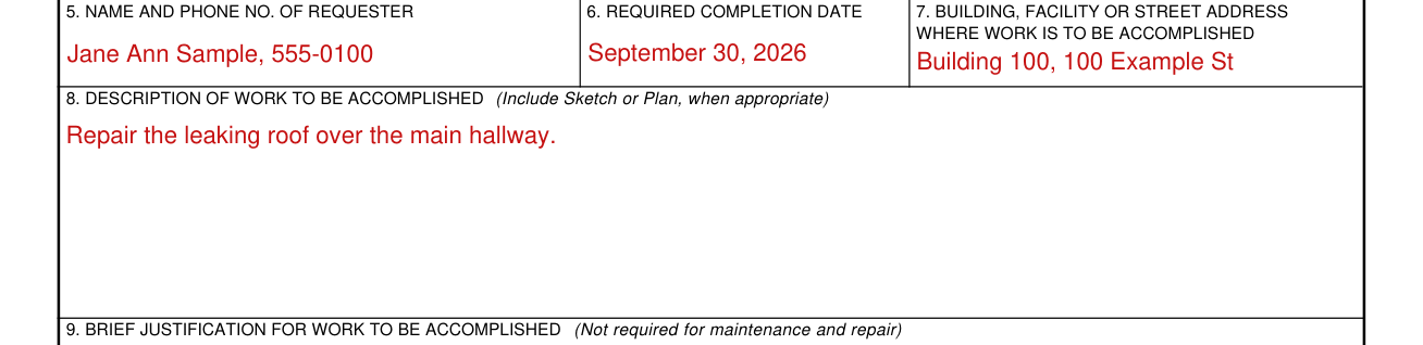 AF Form 332 example filled out, building, facility or street address and description of work
