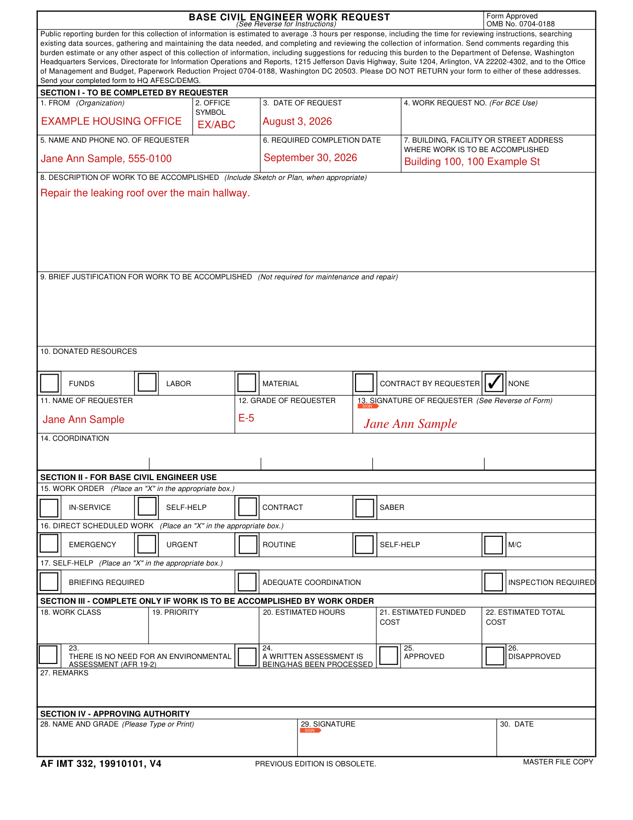 AF Form 332 example filled out, example: a requester asks for a roof repair