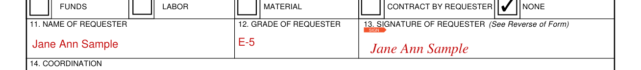 AF Form 332 example filled out, name, grade and signature of the requester