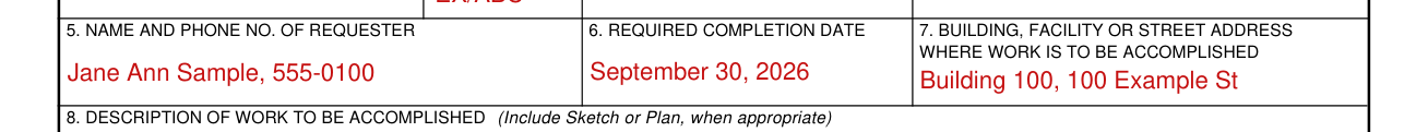 AF Form 332 example filled out, requester and required completion date