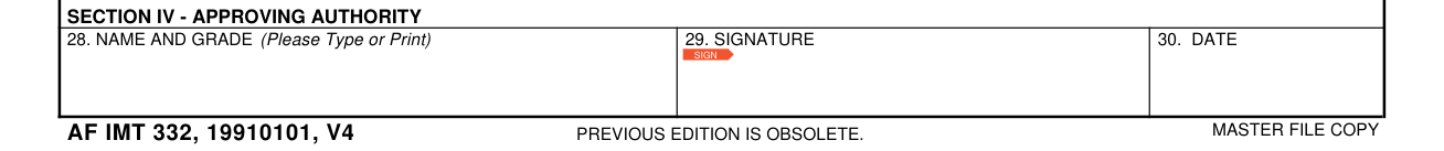 AF Form 332 example filled out, section IV, approving authority