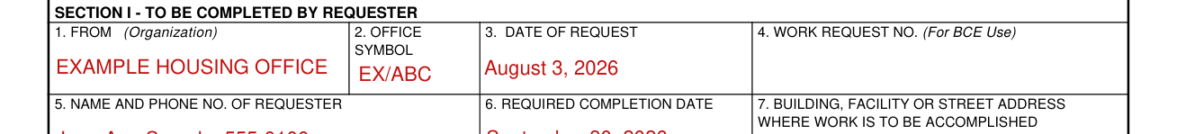 AF Form 332 example filled out, work request number (for BCE use)