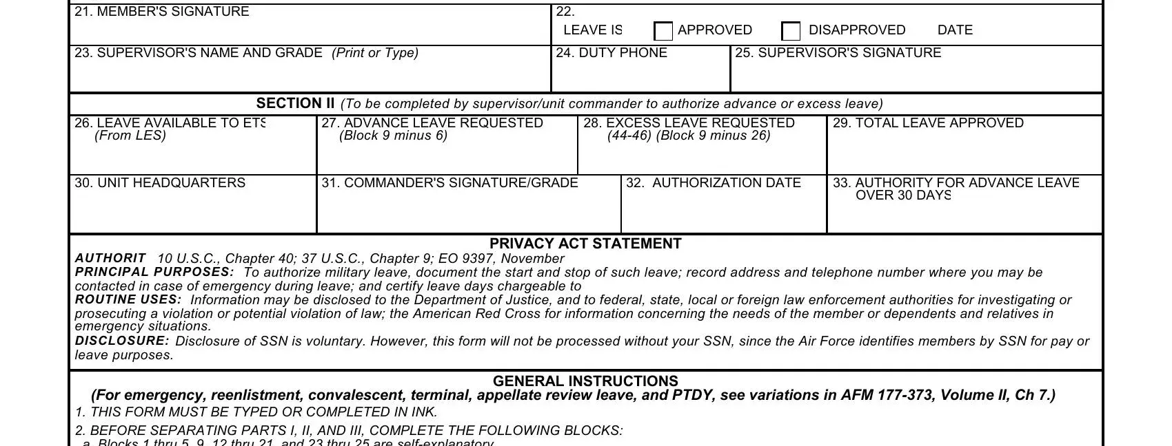af form 988 LEAVE REQUEST CERTIFICATION:, APPROVED, DISAPPROVED, DATE, (From LES), (Block 9 minus 6), SECTION II (To be completed by, PRIVACY ACT STATEMENT, To authorize military leave, AUTHORIT 10 U, Information may be disclosed to, GENERAL INSTRUCTIONS, and (For emergency fields to fill out