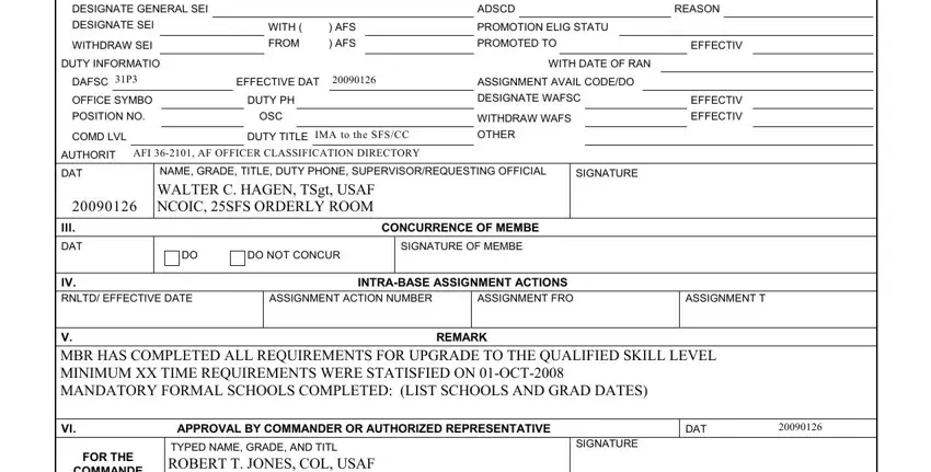 air force 2096 form DESIGNATE GENERAL SEI, DESIGNATE SEI, WITHDRAW SEI, DUTY INFORMATIO, DAFSC, 31P3, OFFICE SYMBO, POSITION NO, ADSCD, REASON, WITH (, FROM, ) AFS, ) AFS, and PROMOTION ELIG STATU fields to complete